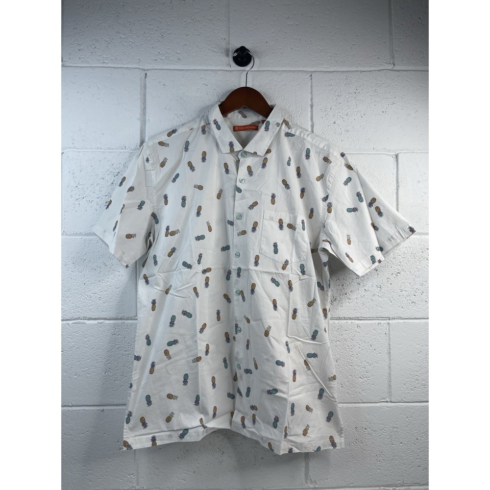 Tori Richard Men's Hawaiian White Colorful Pineapple Print Button Up Shirt L